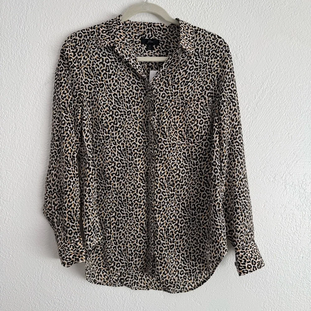 J Crew 100% Silk Button-Up Shirt Women’s 6  Leopard Animal Print Blouse Workwear